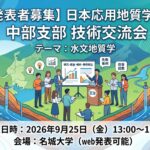 Call for presenters banner for the JSEG Chubu Branch Technical Exchange Meeting on Hydrogeology, featuring a 3D geological illustration of groundwater flow and researchers.