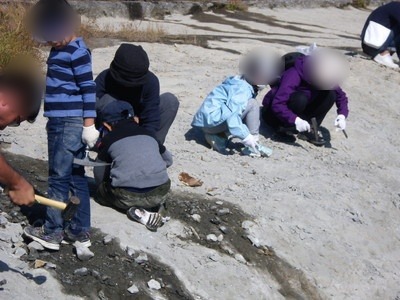 地面にしゃがんで化石を掘る子どもたち